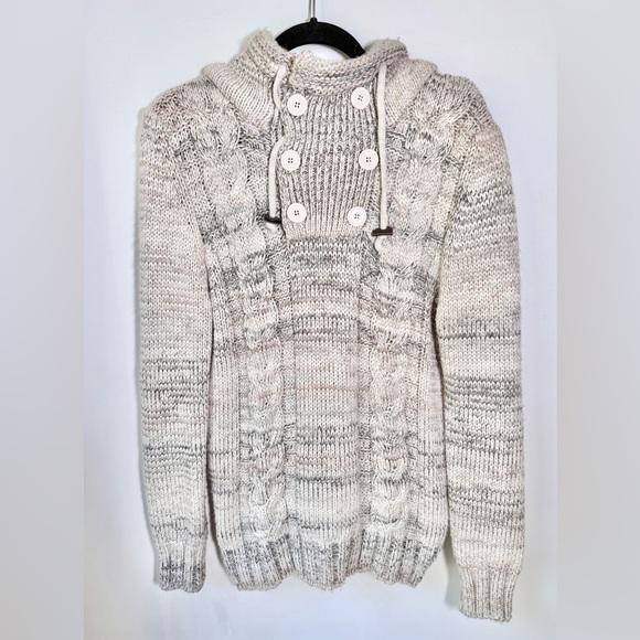 Leif Nelson Cable Knit Hooded Heavy Fisherman Sweater Men’s Medium M Gray Beige - Picture 1 of 12